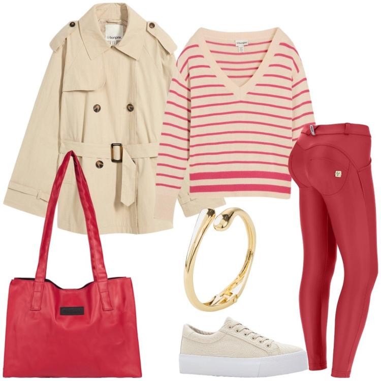 Outfit donna - Total look #2236637. Stile Casual per Scuola/Università. Abbinamento con trench, maglieria, braccialetti, sneakers, pantaloni skinny, shopping bag.