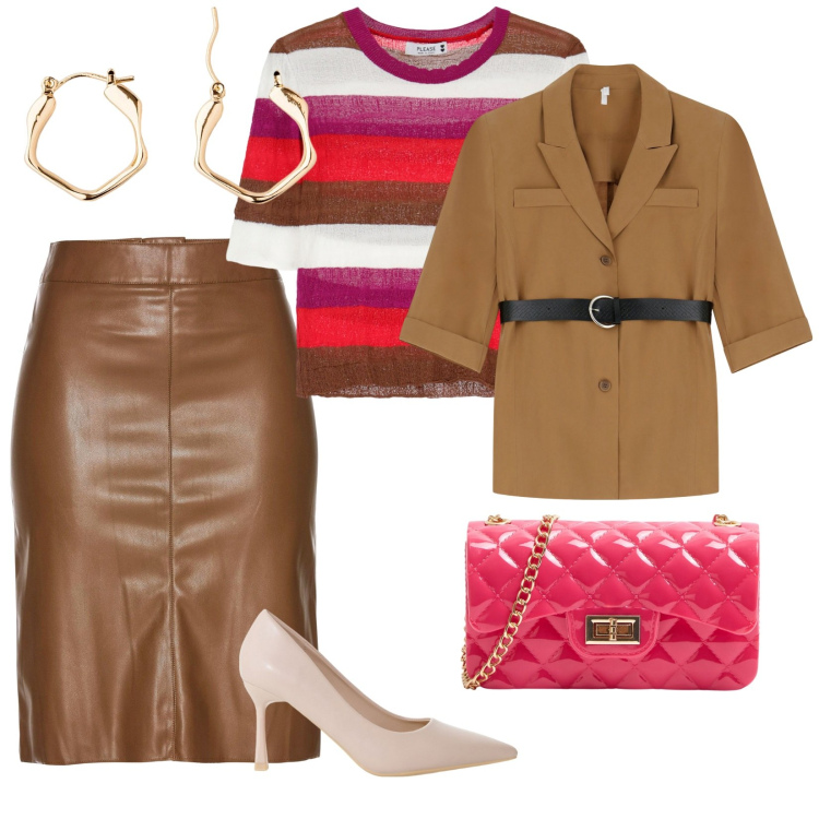 Outfit donna - Autunno colorato. per Ufficio. Abbinamento con gonne longuette, orecchini, borse a tracolla, maglieria, décolleté, blazer.