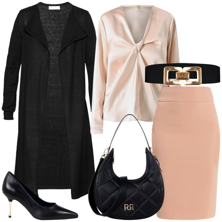 Outfit donna - Total look #2236642. Stile Chic per Ufficio. Abbinamento con cardigans, gonne, bluse, cinture, borse a tracolla, décolleté.