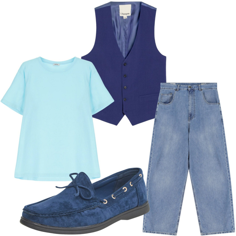 Outfit uomo - Total look #2236649. Stile Trendy per Serata speciale. Abbinamento con gilet, scarpe stringate, jeans, t-shirt.