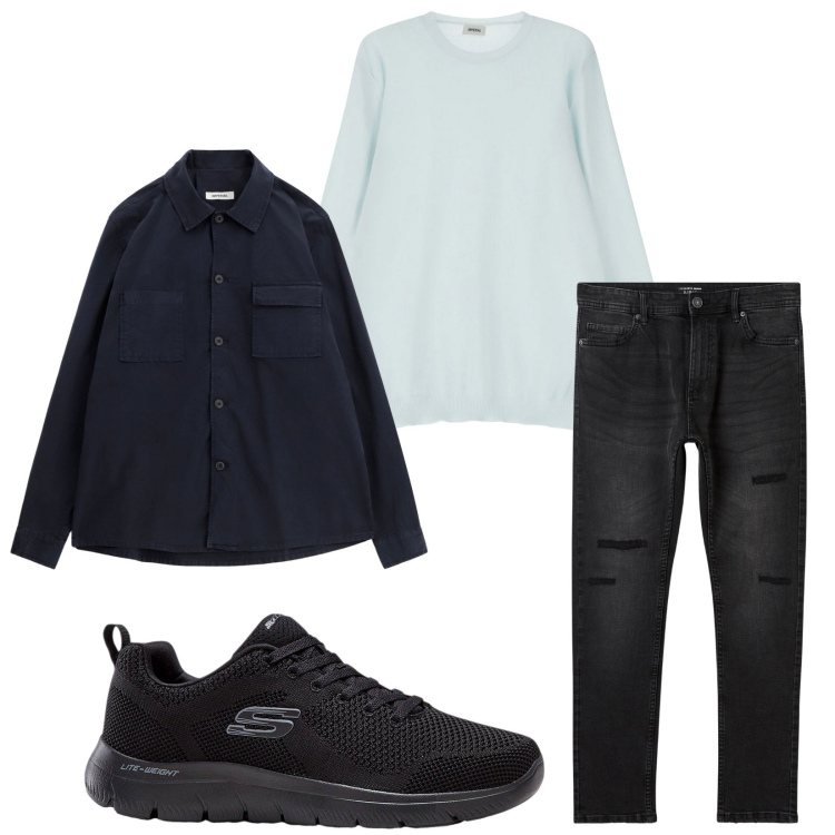 Outfit uomo - Total look #2236651. Stile Casual per Tutti i giorni. Abbinamento con sneakers, jeans strappati, maglieria, giacche.