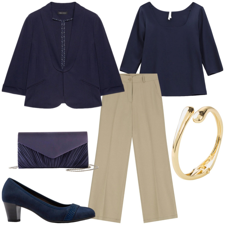 Outfit donna - Appuntamento di lavoro. Stile Bon Ton per Ufficio. Abbinamento con décolleté, pochette, braccialetti, pantaloni, pullovers, blazer.