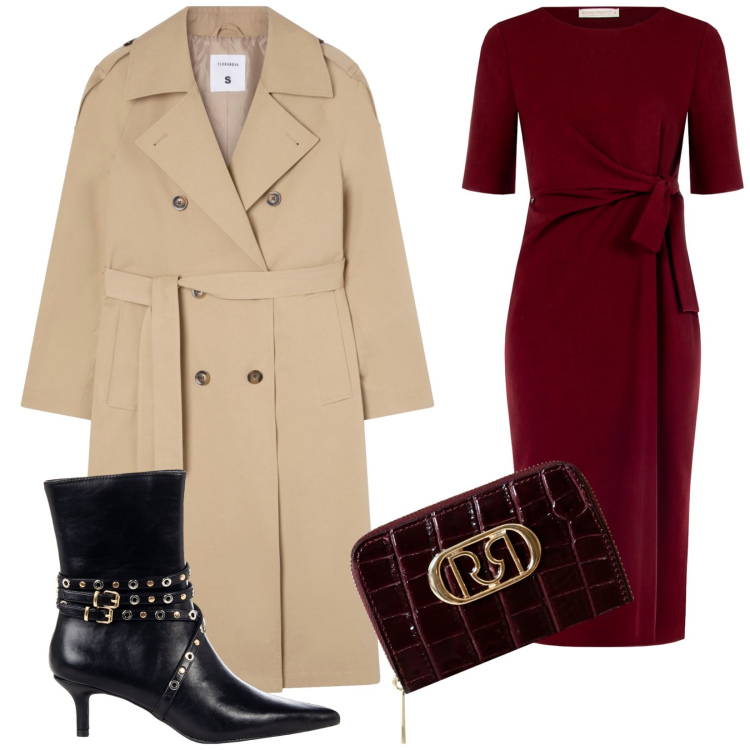 Outfit donna - Total look #2236656. Stile Bon Ton per Serata fuori. Abbinamento con trench, vestiti a tubino, stivaletti, portafogli.