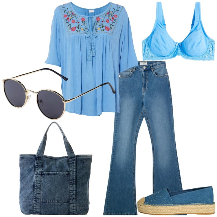 Outfit donna - Total look #2236659. Stile Boho per Tutti i giorni. Abbinamento con tuniche, reggiseni, occhiali da sole, shopping bag, espadrillas, jeans a zampa.