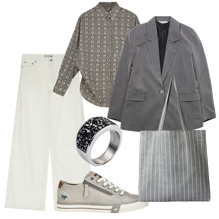 Outfit donna - Un anello tutto mio. per Tutti i giorni. Abbinamento con anelli, sneakers, shopping bag, blazer, pantaloni a palazzo, camicie.