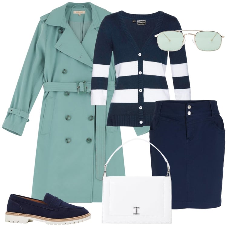 Outfit donna - Total look #2236669. Stile Casual chic per Tutti i giorni. Abbinamento con minigonne, cardigans, mocassini, trench, borse a tracolla, occhiali da sole.