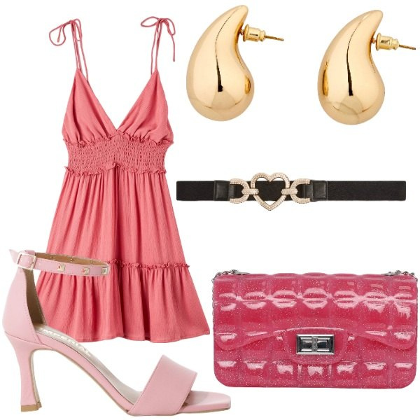 Outfit donna - gli orecchini in primo piano. Stile Glamour per Tutti i giorni. Abbinamento con orecchini, vestiti corti, cinture, borse a tracolla, sandali col tacco.