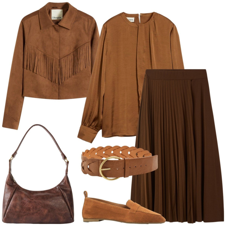 Outfit donna - Colori d’Autunno. Stile Bon Ton per Ufficio. Abbinamento con bluse, blazer, mocassini, borse a mano, gonne lunghe, cinture.