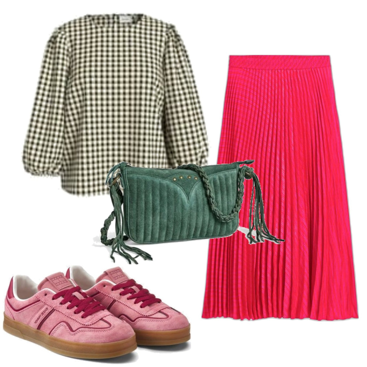 Outfit mujer - Preppy #558. Estilo Preppy para Todos los días. Combinación con faldas, sneakers, blusas, bolsos de mano.