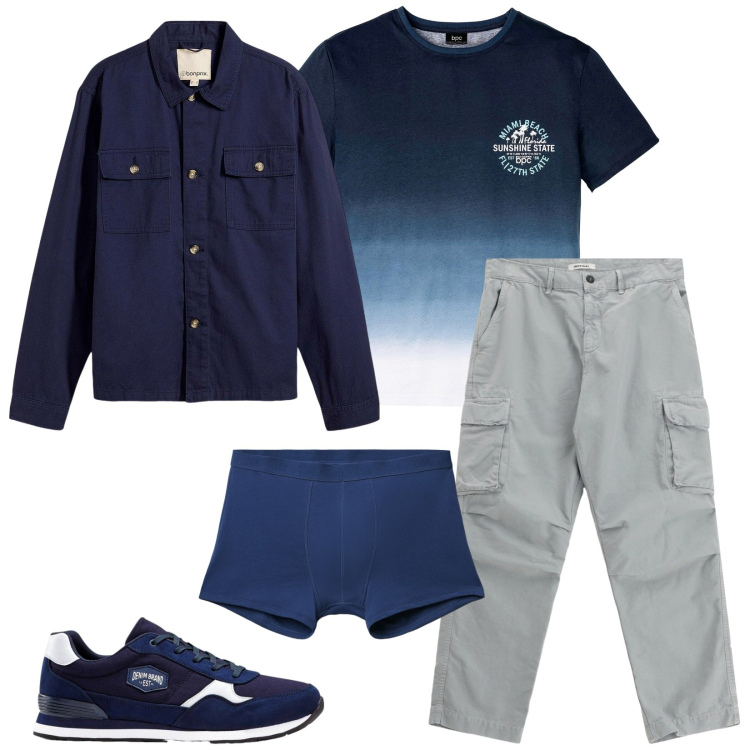 Outfit uomo - Total look #2236677. Stile Casual per Tutti i giorni. Abbinamento con sneakers, t-shirt, giacche, boxer, pantaloni cargo.