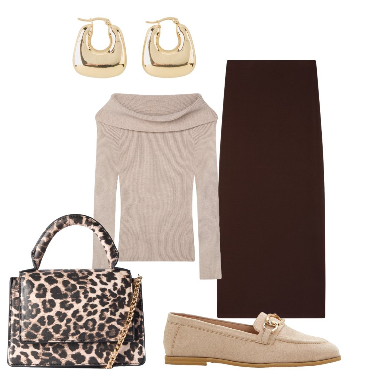 Outfit donna - In ufficio. Stile Minimal per Ufficio. Abbinamento con orecchini, mocassini, gonne lunghe, maglieria, borse a tracolla.
