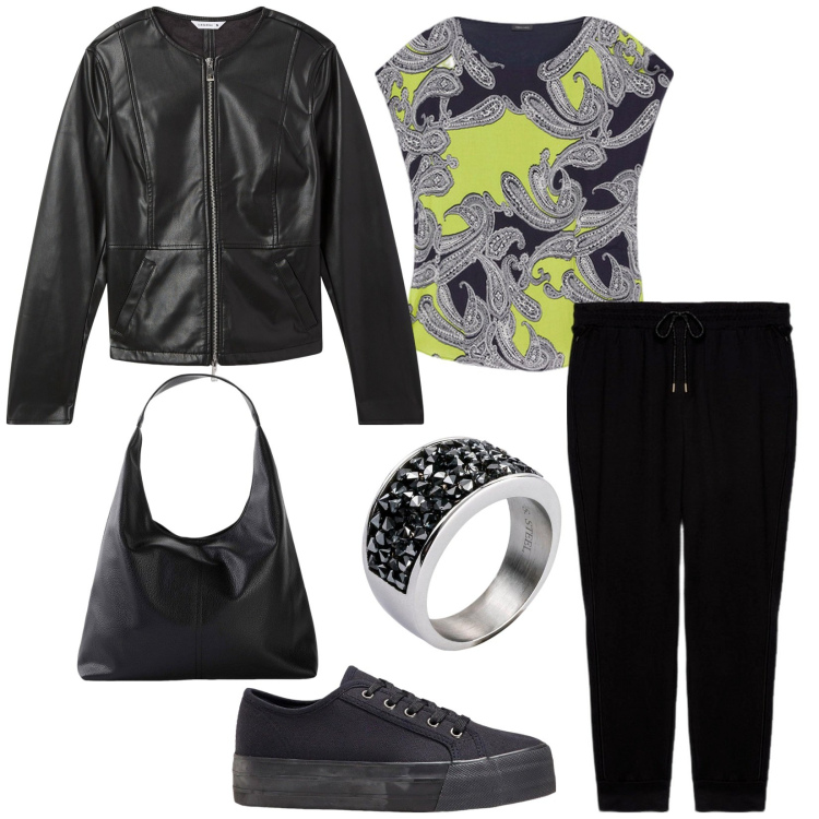 Outfit donna - Urban style. Stile Casual chic per Tutti i giorni. Abbinamento con sneakers, shopping bag, anelli, blazer, bluse, pantaloni.