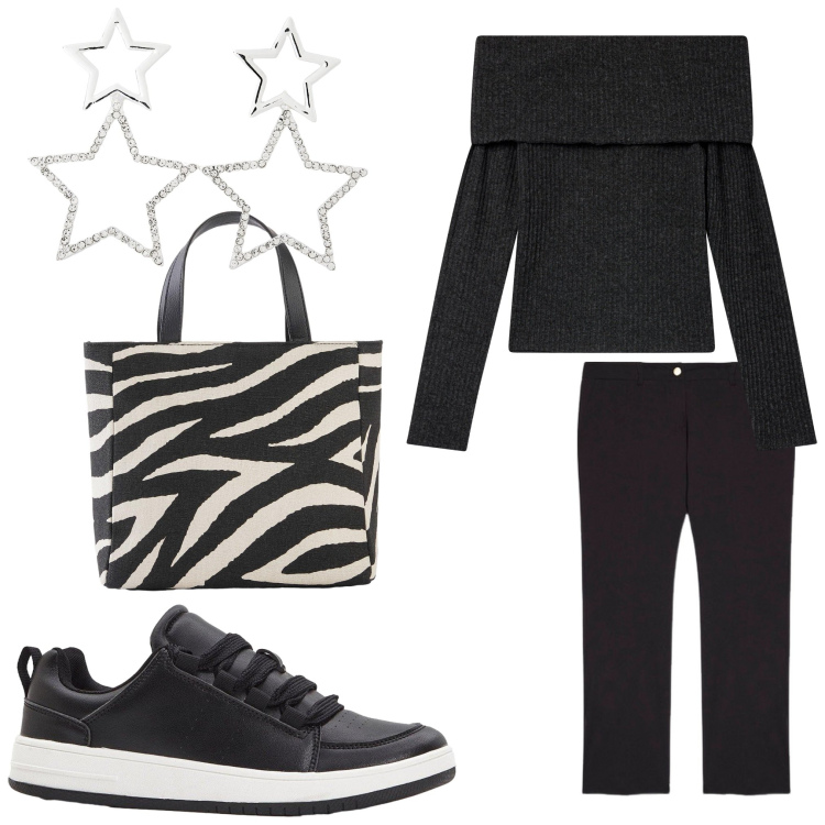 Outfit donna - Stelle e strisce. Stile Sporty chic per Tutti i giorni. Abbinamento con sneakers, borse a mano, maglieria, orecchini, pantaloni.