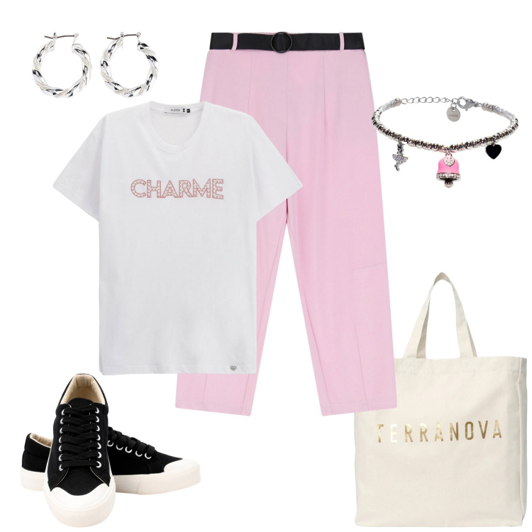 Outfit donna - Il pomeriggio. Stile Casual per Scuola/Università. Abbinamento con orecchini, borse tote, t-shirt, pantaloni, braccialetti, sneakers.