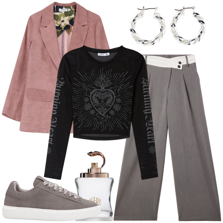 Outfit donna - Fall Collections. Stile Casual per Tutti i giorni. Abbinamento con orecchini, sneakers, profumi, t-shirt, pantaloni, blazer.