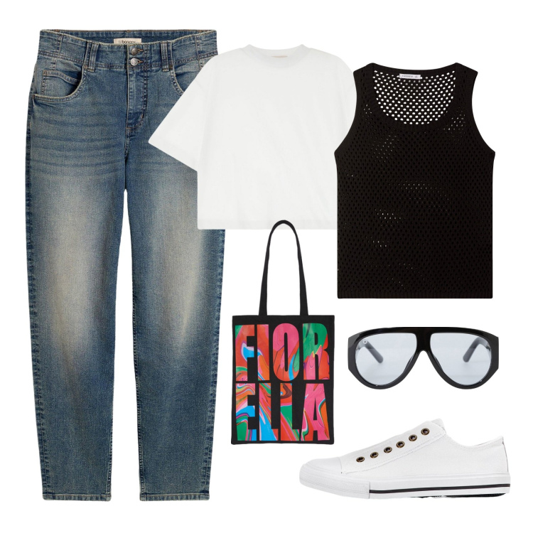 Outfit donna - Stile pop anni 80. Stile Vintage retrò per Scuola/Università. Abbinamento con jeans mom, sneakers, top, t-shirt, occhiali da sole, borse tote.