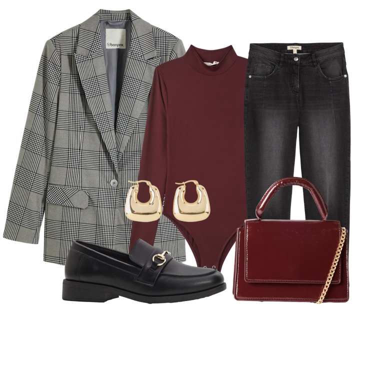 Outfit donna - Mercoledì. Stile Casual chic per Tutti i giorni. Abbinamento con blazer, orecchini, jeans, mocassini, body, borse a tracolla.
