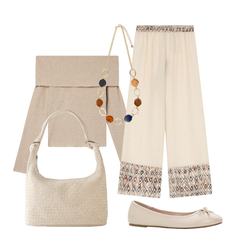 Outfit donna - Tinte naturali. Stile Chic per Serata fuori. Abbinamento con shopping bag, ballerine, maglieria, pantaloni, collane.