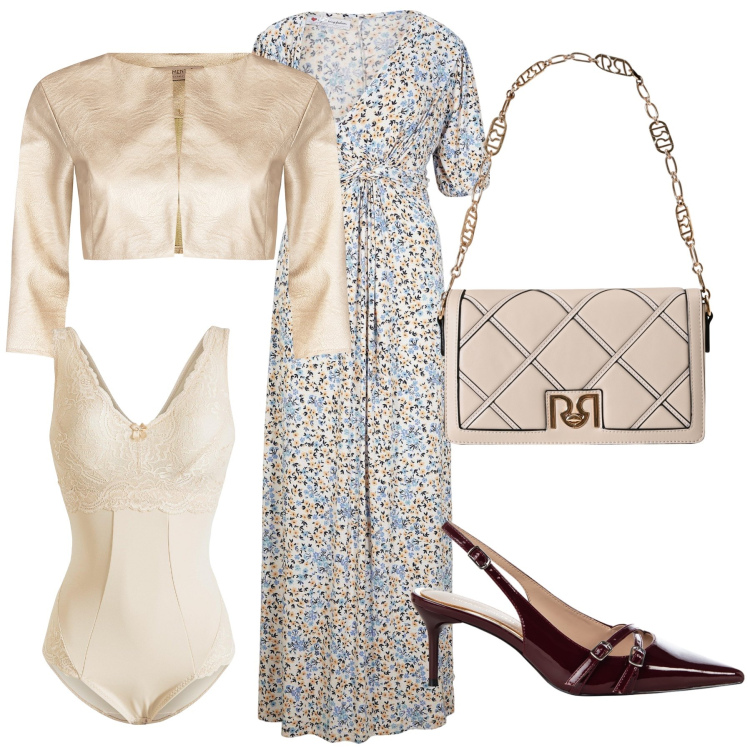 Outfit donna - Invitata di fine agosto. Stile Bon Ton per Cerimonia. Abbinamento con vestiti lunghi, body, bolero, décolleté, borse a tracolla.