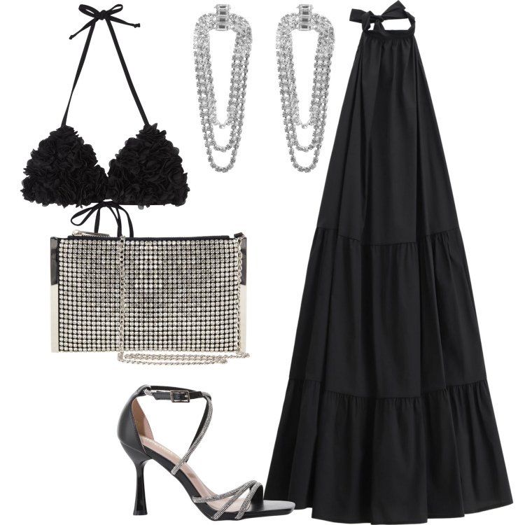 Outfit donna - Evento finale sulla spiaggia. Stile Chic per Mare. Abbinamento con bikini, orecchini, pochette, sandali col tacco, vestiti midi/longuette.