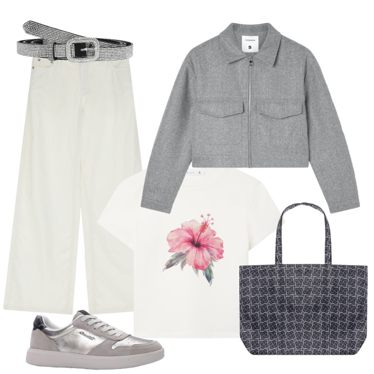 Outfit donna - A scuola. Stile Sporty chic per Scuola/Università. Abbinamento con sneakers, blazer, cinture, t-shirt, pantaloni a palazzo, shopping bag.
