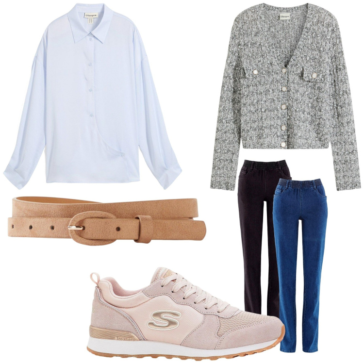 Outfit donna - Slim. Stile Casual per Tutti i giorni. Abbinamento con jeans dritti, camicie, cardigans, sneakers, cinture.