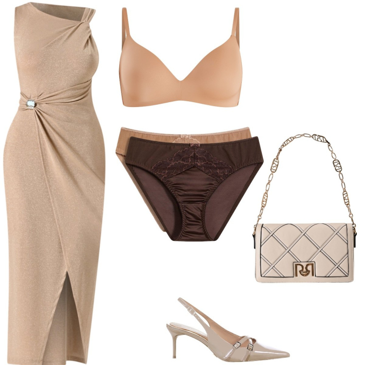 Outfit donna - Cerimonia a settembre. Stile Chic per Cerimonia. Abbinamento con culotte, vestiti asimmetrici, décolleté, reggiseni a balconcino, borse a tracolla.