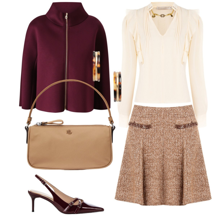 Outfit donna - Total look #2236724. Stile Chic per Tutti i giorni. Abbinamento con minigonne, cappe, bluse, décolleté, orecchini, pochette.