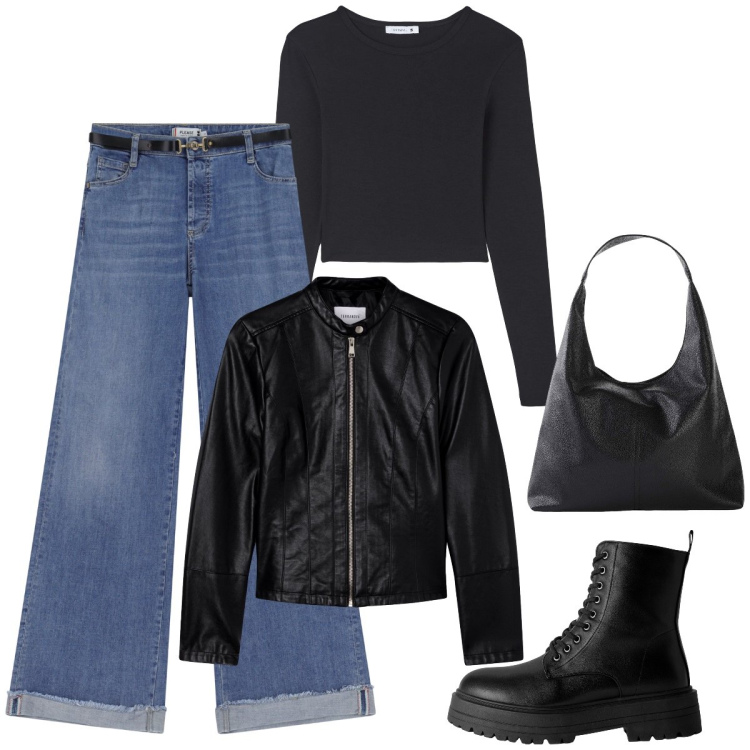 Outfit donna - Total look #2236725. Stile Casual per Tutti i giorni. Abbinamento con shopping bag, giacche, t-shirt, anfibi, jeans.
