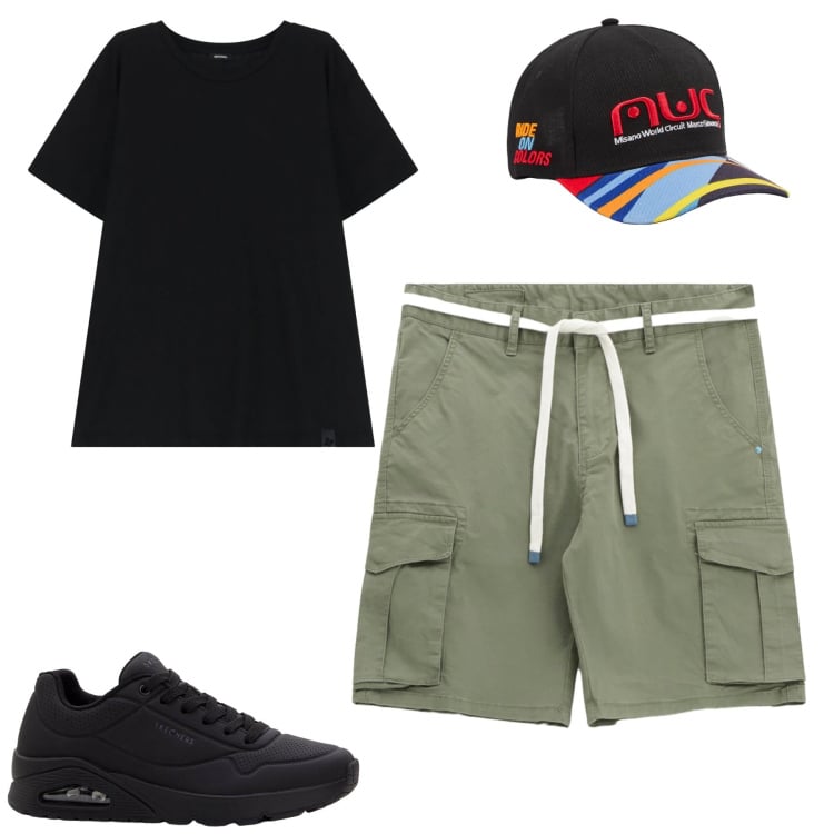 Outfit uomo - Total look #2236727. Stile Casual per Tutti i giorni. Abbinamento con sneakers, cappelli, bermuda, t-shirt.