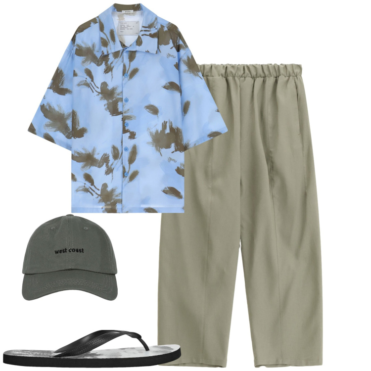 Outfit uomo - Total look #2236729. Stile Casual per Tutti i giorni. Abbinamento con sandali, cappelli con visiera, camicie a manica corta, pantaloni.