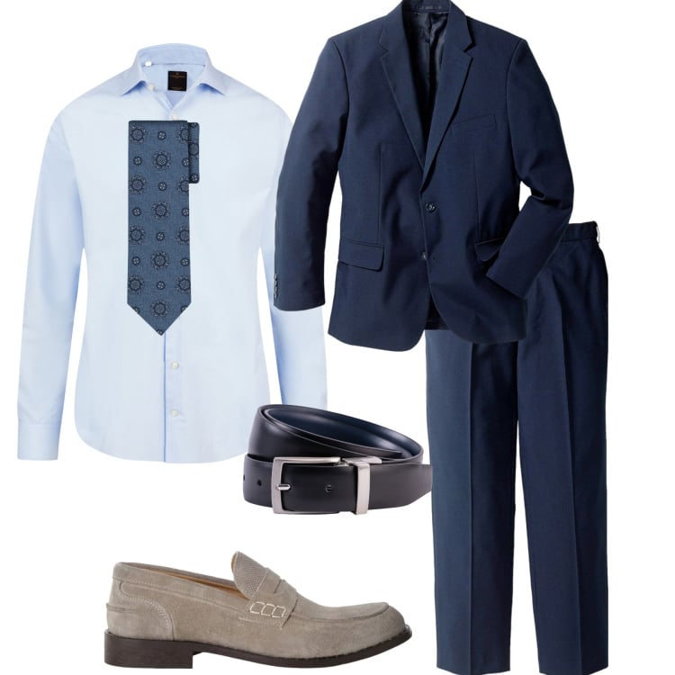 Outfit uomo - Abito blu. Stile Business/Elegante per Tutti i giorni. Abbinamento con abiti, scarpe stringate, camicie, cinture, cravatte.