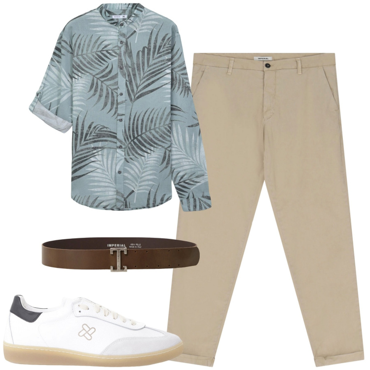 Outfit uomo - Aperitivo. Stile Trendy per Serata speciale. Abbinamento con camicie, sneakers, pantaloni chino, cinture.