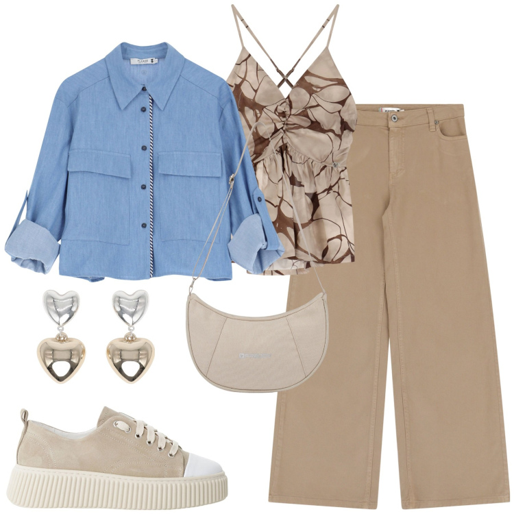 Outfit donna - City. Stile Urban per Tutti i giorni. Abbinamento con orecchini, pantaloni, canottiere, camicie, sneakers, borse a spalla.