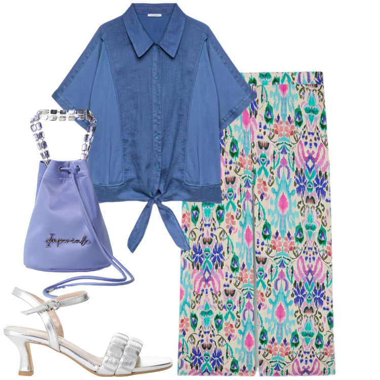Outfit donna - City. Stile Urban per Tutti i giorni. Abbinamento con sandali col tacco, borse a secchiello, pantaloni a palazzo, camicie.