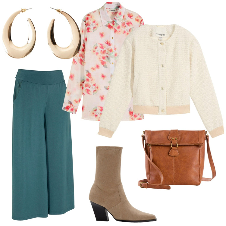 Outfit donna - Bonprix. per Tutti i giorni. Abbinamento con pantaloni culotte, orecchini, stivaletti, bluse, borse a tracolla, bomber.