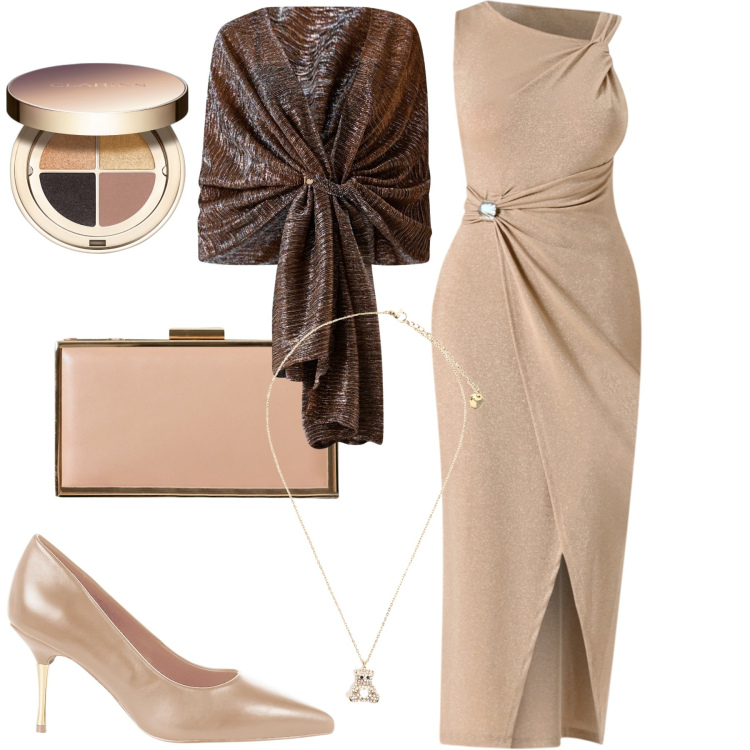 Outfit donna - Serata. Stile Glamour per Serata fuori. Abbinamento con ombretti, vestiti asimmetrici, stole, décolleté, pochette, ciondoli.