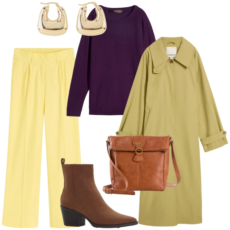 Outfit donna - Bonprix. per Tutti i giorni. Abbinamento con trench, maglieria, pantaloni a palazzo, orecchini, borse a tracolla, stivaletti texani.