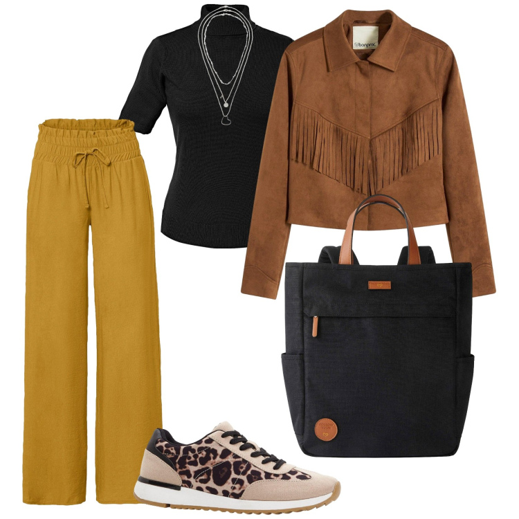 Outfit donna - Bonprix. per Tutti i giorni. Abbinamento con pantaloni a palazzo, zaini, sneakers, collane, maglieria, blazer.