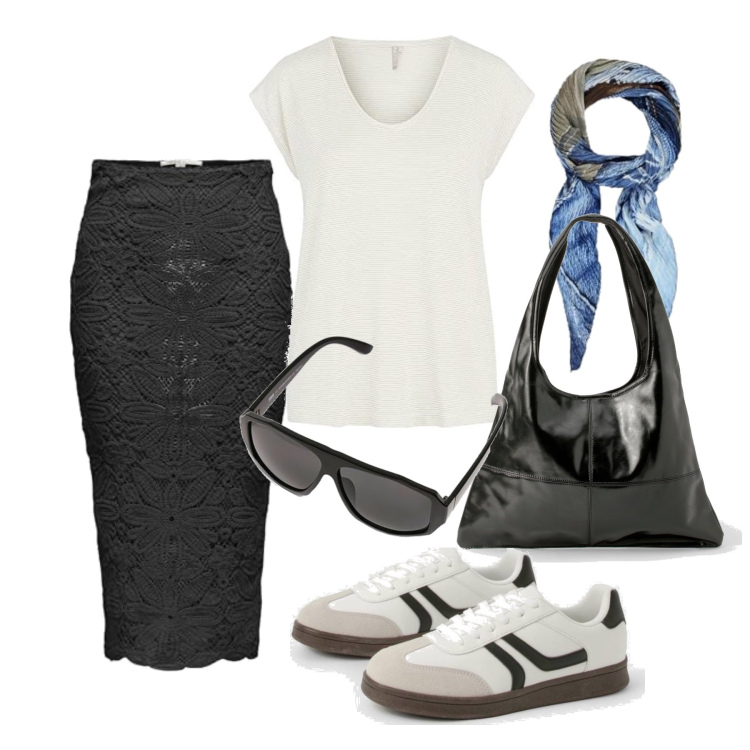 Outfit femme - Août. Style Casual chic pour Tous les jours. Assortir avec jupes longues, sneakers, sacs tote, t-shirts, lunettes de soleil, écharpes.