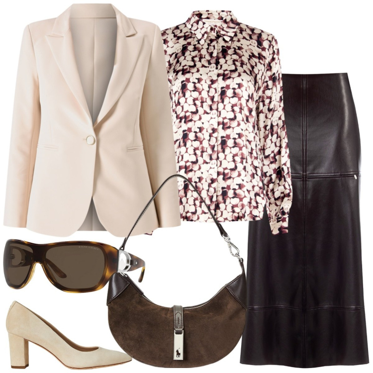 Outfit donna - Total look #2236753. Stile Chic per Ufficio. Abbinamento con gonne longuette, camicie, blazer, borse a spalla, occhiali da sole, décolleté.