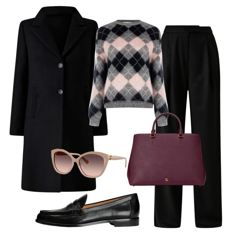 Outfit donna - Nuova collezione Rinascimento!. Stile Casual chic per Ufficio. Abbinamento con maglieria, cappotti, pantaloni, mocassini, borse a mano, occhiali da sole.