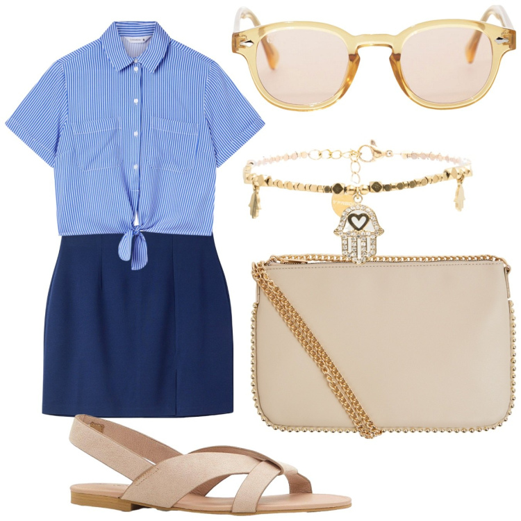 Outfit donna - Total look #2236757. Stile Casual chic per Tutti i giorni. Abbinamento con sandali, minigonne, borse a tracolla, camicie a manica corta, occhiali da sole, braccialetti.