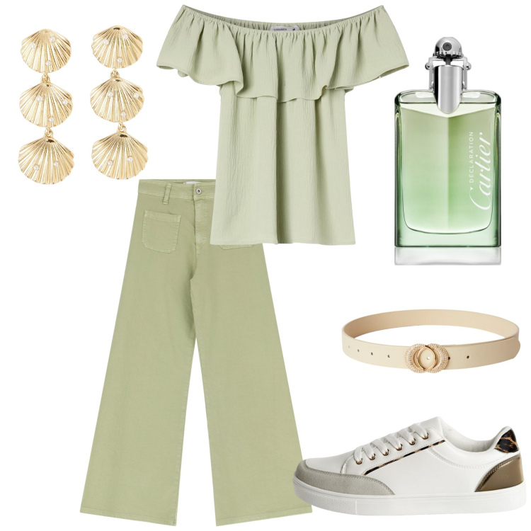 Outfit donna - In salvia. Stile Casual chic per Ufficio. Abbinamento con profumi, orecchini, bluse, sneakers, cinture, jeans.