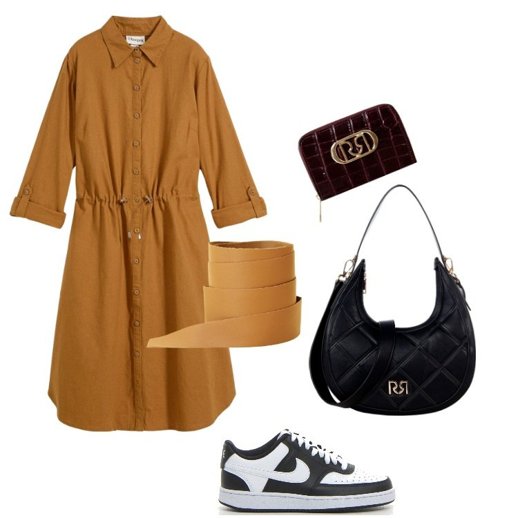 Outfit donna - All over me. Stile Trendy per Tutti i giorni. Abbinamento con vestiti chemisier, borse a tracolla, portafogli, cinture, sneakers.