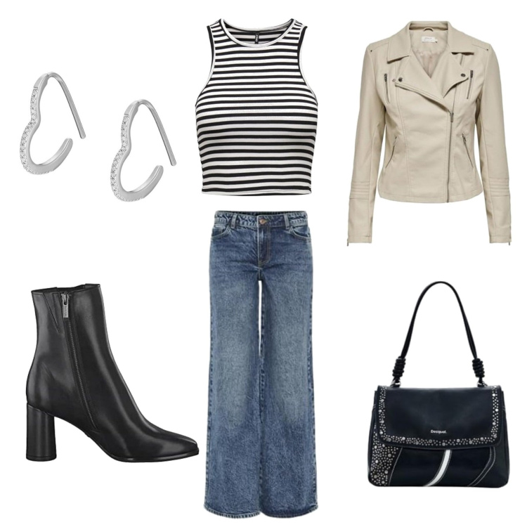 Outfit femme - Pas cher. Style Casual pour Tous les jours. Assortir avec blazers, jeans, sacs à dos, bottines, hauts, boucles d'oreilles.