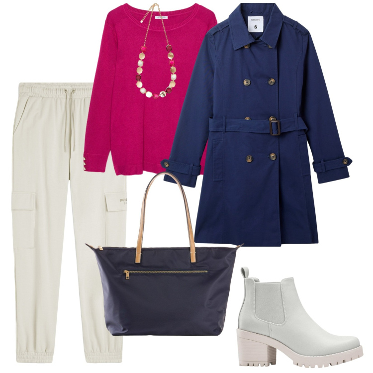 Outfit donna - Il soprabito blu. per Tutti i giorni. Abbinamento con stivaletti chelsea, shopping bag, trench, pantaloni cargo, maglieria, collane.