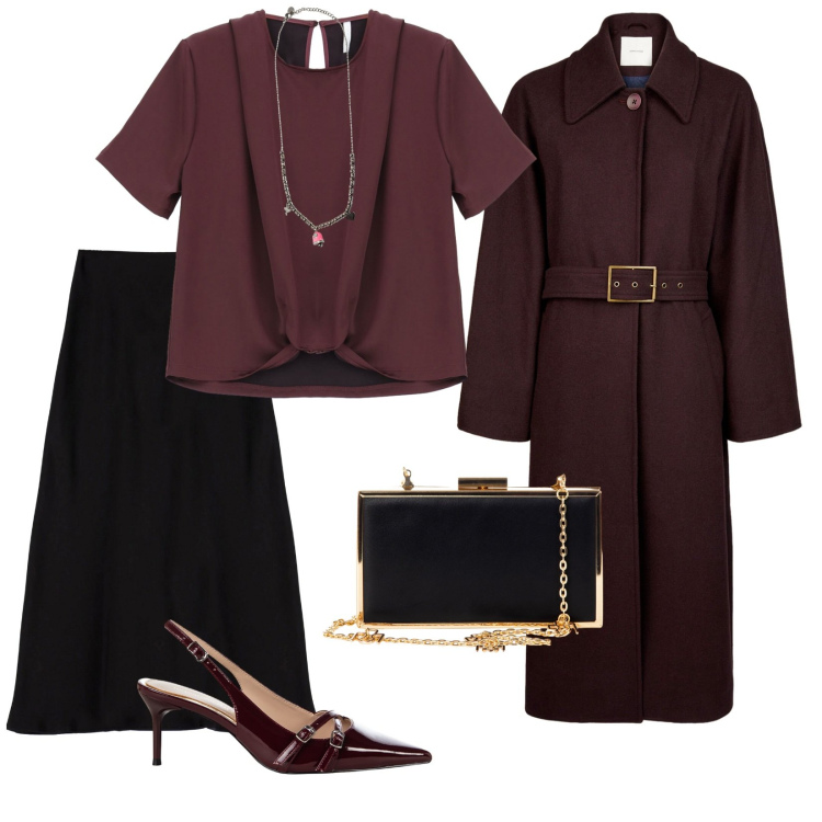 Outfit donna - Le prime cene autunnali. per Serata fuori. Abbinamento con décolleté, pochette, bluse, gonne longuette, ciondoli, cappotti.