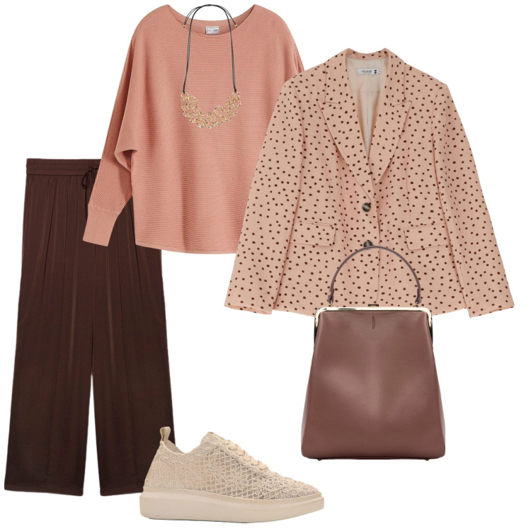 Outfit donna - Borsa retrò. per Tutti i giorni. Abbinamento con maglieria, sneakers, blazer, borse a spalla, collane, pantaloni a palazzo.