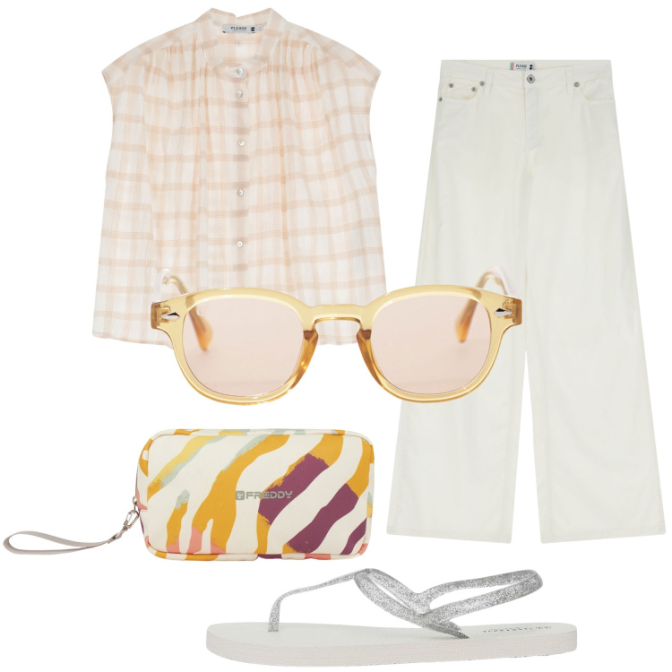 Outfit donna - Fine agosto. Stile Basic per Tutti i giorni. Abbinamento con sandali, camicie, pantaloni a palazzo, occhiali da sole, valigie.